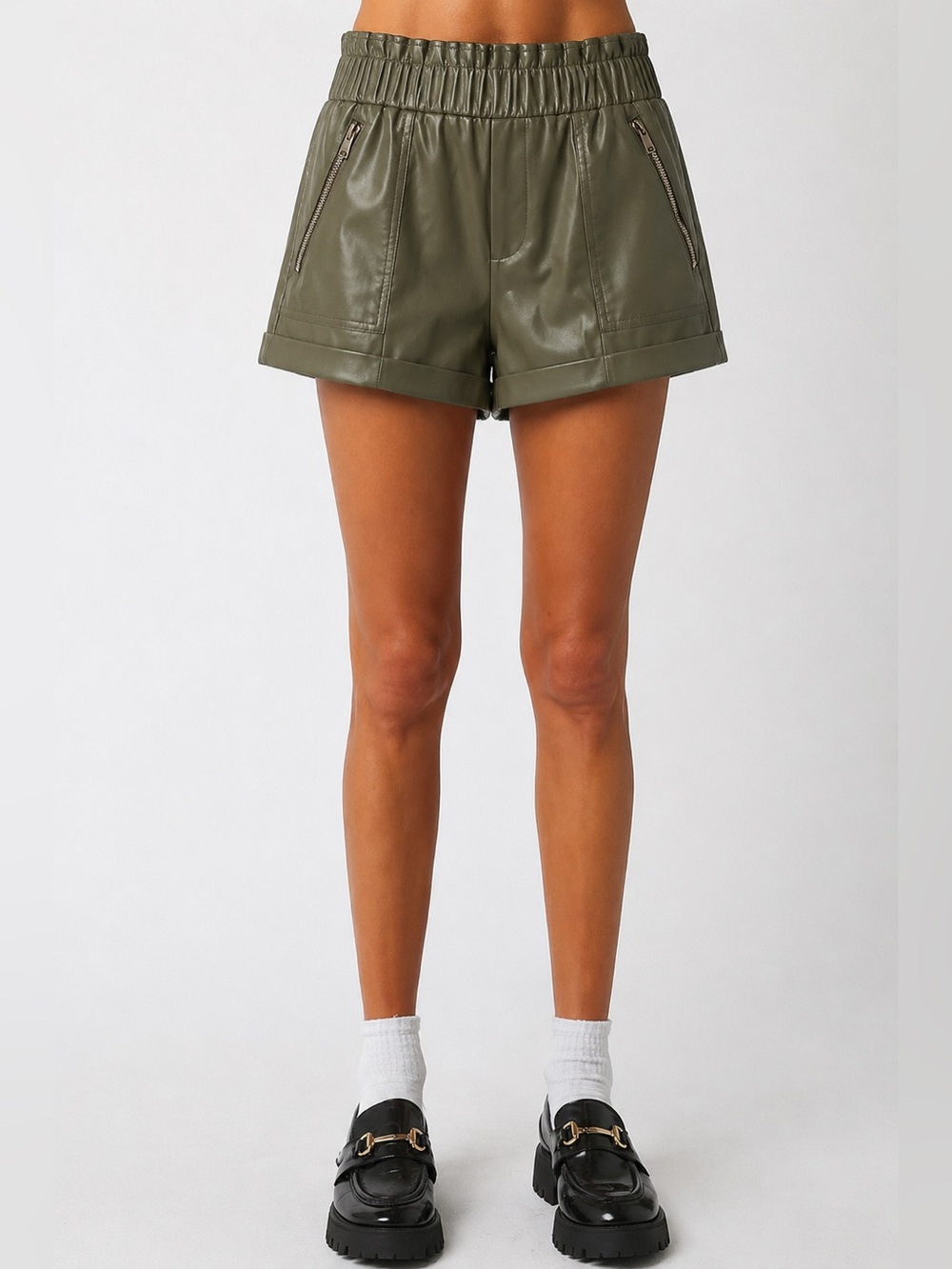 Stella Dallas Faux Leather Olive Green High Waisted Shorts Size M